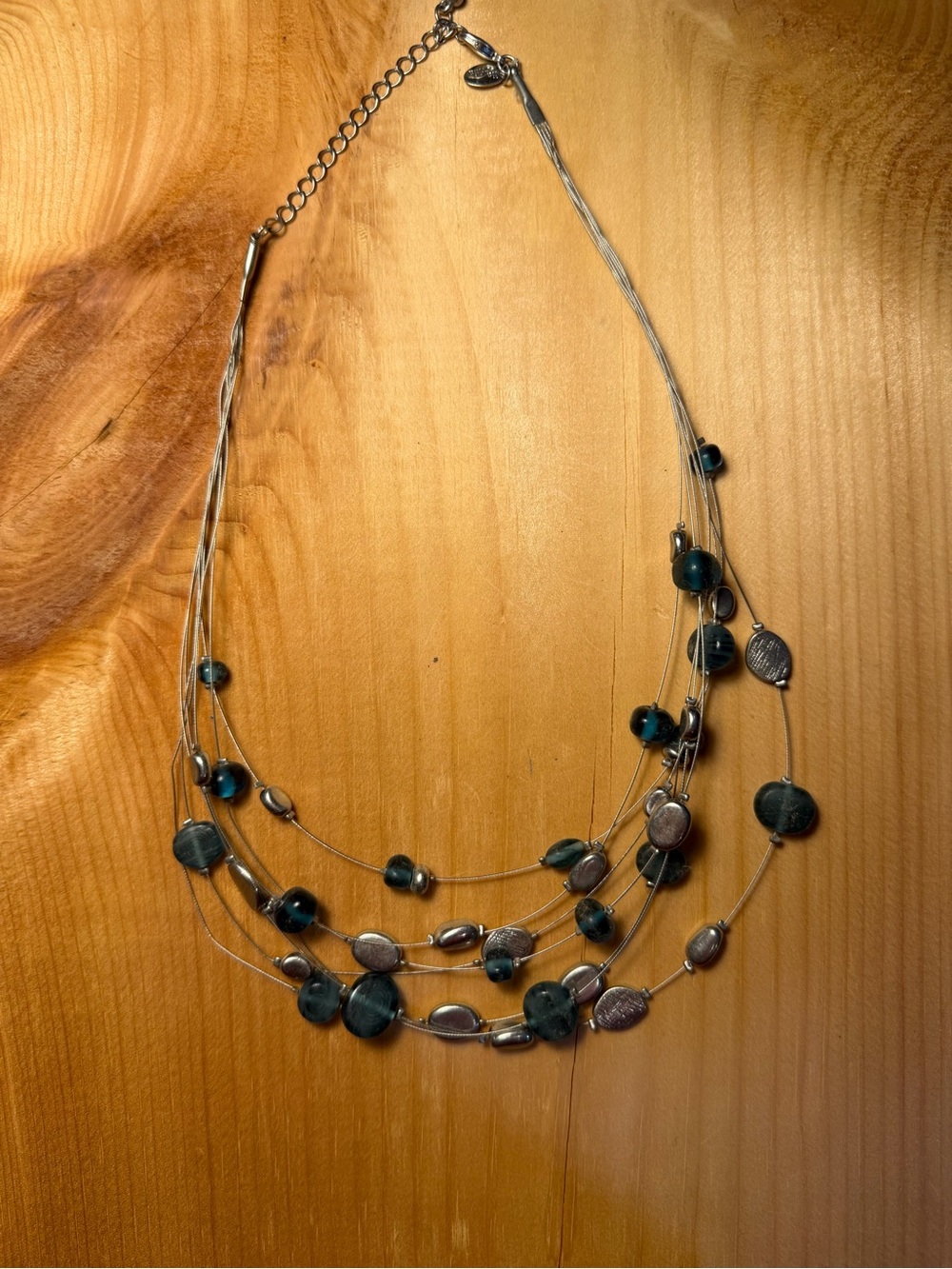 Vintage Lia Sophia Teal and Silver Multi-Strand Beaded Necklace